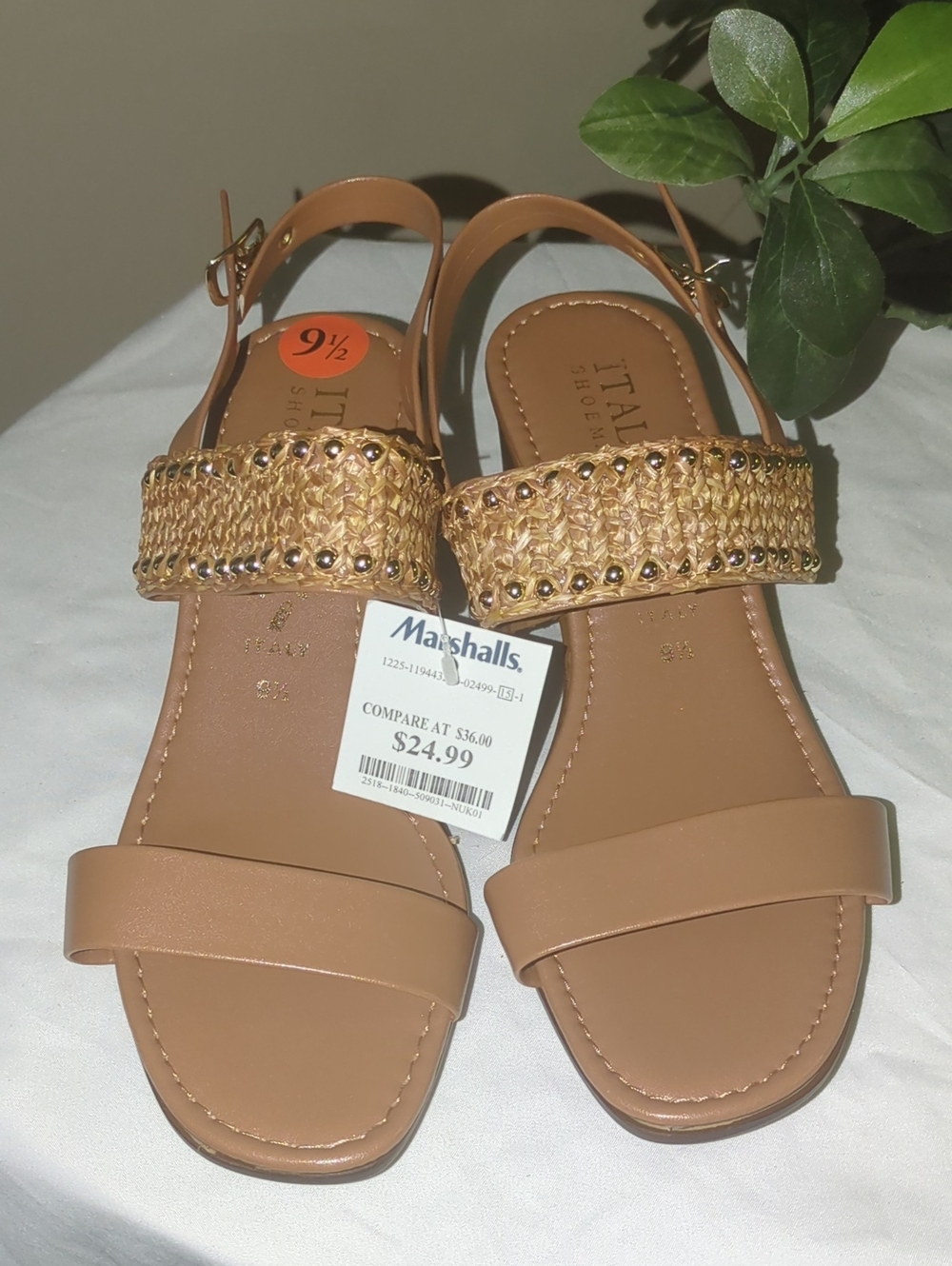 Italian Shoemakers Tan Braided Metallic-Trim Slingback Sandals